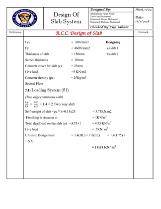 Design Of
Slab System
Designed By: Sheet10/74
Date:
18/1/2018
Abdirahman Farah Ainab
Yasin Said Mohamed
Mohamed Ahmed Mohamed
Mohamed Abdinour Mohamud
Checked By: Eng. Sabaax
Reference
R.C.C. Design of Slab Remark
Fcu = 30N/mm2 Designing
Fy = 460N/mm2 a) slab 1
Thickness of slab = 150mm b) slab 2
Screed thickness = 20mm
Concrete cover for slab (c) = 25mm
Live load =5 KN/m2
Concrete density (pc) = 25Kg/m3
Second Floor
2.1) Loading System (S1)
(Two edge continuous slab)
= = 1.4 < 2 Two way slab
Self-weight of slab = c * h=0.15x25 = 3.75KN/m2
Finishing is Assume to = 1KN/m2
Total dead load on the slab (n) =3.75+1 = 4.75 KN/m2
Live load = 5KN/ m2
Ultimate Design load = 1.4(DL) + 1.6(LL) = 1.4(4.75) +
1.6(5)
= 14.65 KN/ m2
 