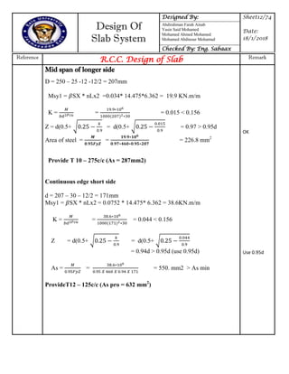 Design Of
Slab System
Designed By: Sheet12/74
Date:
18/1/2018
Abdirahman Farah Ainab
Yasin Said Mohamed
Mohamed Ahmed Mohamed
Mohamed Abdinour Mohamud
Checked By: Eng. Sabaax
Reference
R.C.C. Design of Slab Remark
Mid span of longer side
D = 250 – 25 -12 -12/2 = 207mm
Msy1 = SX * nLx2 =0.034* 14.475*6.362 = 19.9 KN.m/m
K = = = 0.015 < 0.156
Z = d(0.5+ √ = d(0.5+ √ = 0.97 > 0.95d
Area of steel = = = 226.8 mm2
Provide T 10 – 275c/c (As = 287mm2)
Continuous edge short side
d = 207 – 30 – 12/2 = 171mm
Msy1 = SX * nLx2 = 0.0752 * 14.475* 6.362 = 38.6KN.m/m
K = = = 0.044 < 0.156
Z = d(0.5+ √ = d(0.5+ √
= 0.94d > 0.95d (use 0.95d)
As = = = 550. mm2 > As min
ProvideT12 – 125c/c (As pro = 632 mm2
)
OK
Use 0.95d
 