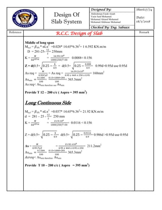 Design Of
Slab System
Designed By: Sheet17/74
Date:
18/1/2018
Abdirahman Farah Ainab
Yasin Said Mohamed
Mohamed Ahmed Mohamed
Mohamed Abdinour Mohamud
Checked By: Eng. Sabaax
Reference
R.C.C. Design of Slab Remark
Middle of long span
Msy1 = SX * nLx2
=0.028* 14.65*6.362
= 1 6.592 KN.m/m
D = 281-25- = 250mm
K = = = 0.0088< 0.156
Z = d(0.5+√ = d(0.5+ √ = 0.99d>0.95d use 0.95d
As req = = As req = = 160mm2
Asmin = = 365.3mm2
As req< Asmin therefore use Asmin
Provide T 12 – 200 c/c ( Aspro = 395 mm2
)
Long Continuous Side
Msy1 = SX * nLx2
=0.037* 14.65*6.362
= 21.92 KN.m/m
d = 281 – 25 - = 250 mm
K = = = 0.0116 < 0.156
Z = d(0.5+ √ = d(0.5+ √ = 0.986d >0.95d use 0.95d
As = = = 211.2mm2
Asmin = = 365.3mm2
< Asmin therefore Asmin
Provide T 10 – 200 c/c ( Aspro = 395 mm2
)
 