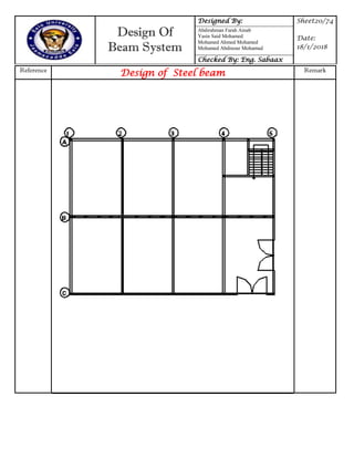 Design Of
Beam System
Designed By: Sheet20/74
Date:
18/1/2018
Abdirahman Farah Ainab
Yasin Said Mohamed
Mohamed Ahmed Mohamed
Mohamed Abdinour Mohamud
Checked By: Eng. Sabaax
Reference
Design of Steel beam Remark
 