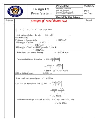 Design Of
Beam System
Designed By: Sheet26/74
Date:
18/1/2018
Abdirahman Farah Ainab
Yasin Said Mohamed
Mohamed Ahmed Mohamed
Mohamed Abdinour Mohamud
Checked By: Eng. Sabaax
Reference
Design of Steel beam two Remark
= = 2.25 <2 Two way slab
Self-weight of slab = Ƥc x h = 0.281x25 .
= 7.025KN/m2
Finishing is Assume to be = 1KN/m2
Self-weight of screed = 0.02x25
= 0.5KN/m2
Self-weight of brick wall 18Kgm/m3 x 0.15 x 4
= 10.8KN/m
Total dead load on the slab (n) = 19.325KN/m
Dead load of beam from slab = WD = * +
= [
( )
]
= 40.9 x 1.08 = 51.4 KN/m
Self -weight of beam = 0.98KN/m
Total dead load on the beam = 52.4 KN/m
Live load on Beam from slab (n) WL = [
( )
]
= [
( )
]
= 13.3 KN/m
Ultimate load design = 1.4(DL) + 1.6(LL) = 1.4( 52.4) + 1.6(13.3)
= 94.64 KNm2
 