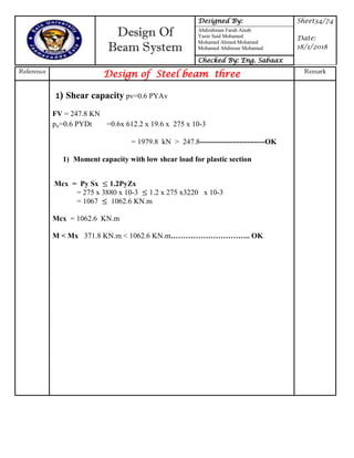Design Of
Beam System
Designed By: Sheet34/74
Date:
18/1/2018
Abdirahman Farah Ainab
Yasin Said Mohamed
Mohamed Ahmed Mohamed
Mohamed Abdinour Mohamud
Checked By: Eng. Sabaax
Reference
Design of Steel beam three Remark
1) Shear capacity pv=0.6 PYAv
FV = 247.8 KN
pv=0.6 PYDt =0.6x 612.2 x 19.6 x 275 x 10-3
= 1979.8 kN > 247.8--------------------------OK
1) Moment capacity with low shear load for plastic section
Mcx = Py Sx 1.2PyZx
= 275 x 3880 x 10-3 1.2 x 275 x3220 x 10-3
= 1067 1062.6 KN.m
Mcx = 1062.6 KN.m
M < Mx 371.8 KN.m < 1062.6 KN.m………………………….. OK
 