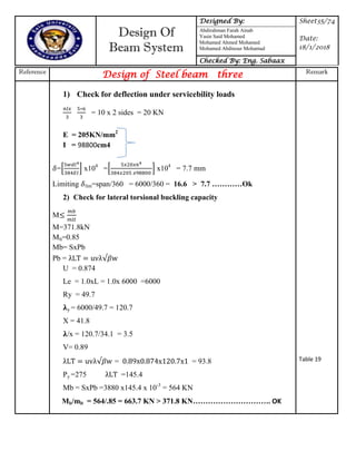 Design Of
Beam System
Designed By: Sheet35/74
Date:
18/1/2018
Abdirahman Farah Ainab
Yasin Said Mohamed
Mohamed Ahmed Mohamed
Mohamed Abdinour Mohamud
Checked By: Eng. Sabaax
Reference
Design of Steel beam three Remark
1) Check for deflection under servicebility loads
= 10 x 2 sides = 20 KN
E = 205KN/mm2
I = 98800cm4
=* + x104
=* + x104
= 7.7 mm
Limiting lim=span/360 = 6000/360 = 16.6 > 7.7 …………Ok
2) Check for lateral torsional buckling capacity
M
M=371.8kN
Mlt=0.85
Mb= SxPb
Pb = uv w
U = 0.874
Le = 1.0xL = 1.0x 6000 =6000
Ry = 49.7
𝛌y = 6000/49.7 = 120.7
X = 41.8
𝛌/x = 120.7/34.1 = 3.5
V= 0.89
uv w = x 7 x 7x = 93.8
Py =275 =145.4
Mb = SxPb =3880 x145.4 x 10-3
= 564 KN
Mb/mlt = 564/.85 = 663.7 KN > 371.8 KN…………………………. OK
Table 19
 