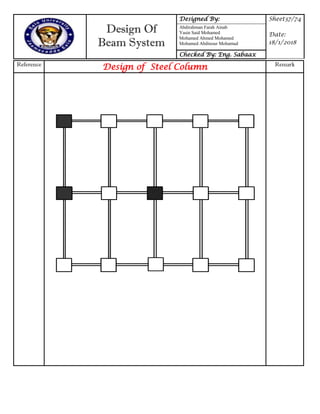 Design Of
Beam System
Designed By: Sheet37/74
Date:
18/1/2018
Abdirahman Farah Ainab
Yasin Said Mohamed
Mohamed Ahmed Mohamed
Mohamed Abdinour Mohamud
Checked By: Eng. Sabaax
Reference
Design of Steel Column Remark
 