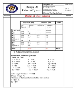 Design Of
Column System
Designed By: Sheet38/74
Date:
18/1/2018
Abdirahman Farah Ainab
Yasin Said Mohamed
Mohamed Ahmed Mohamed
Mohamed Abdinour Mohamud
Checked By: Eng. Sabaax
Reference
Design of Steel column Remark
Dead load (kn) Imposed load Total
Un-
factored
Factored x
1.4
Un-factored Factored
x 1.6
Level3(roof)
R1-3
R2-3
62.4
0.98
87.5
1.37
……….
……….
----------
----------
R2-1
R2-2
Self-weight of
column
64.8
64.8
.98
90.7
90.7
1.37
67.4
67.4
108
108
R1-3
R2-3
Self-weight of
column
64.8
64.8
90.7
90.7
0.98
67.4
67.4
108
108
Total 453.6 432 885.63
1) To determine nominal moment
Geometrical properties of section
356 x 406 x 467
D = 436.6 r = 15.2 ry = 107
B = 412.4 d = 290.1 rx = 107
T = 35.9 = 3.56 Ag = 595.5
T = 58 = 8.08 u = 0.839
I = 183118 x = 6.86 Zy = 3293
Zx = 8388 Sx = 10009 Sy = 5038
Total design axial load : Fc = 885
Design strength Py
Thickness of the thickest element of the steel. Section
T = 58 > 16
Py = 255
 