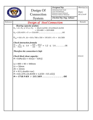 Design Of
Connection
System
Designed By: Sheet55/74
Date:
18/1/2018
Abdirahman Farah Ainab
Yasin Said Mohamed
Mohamed Ahmed Mohamed
Mohamed Abdinour Mohamud
Checked By: Eng. Sabaax
Reference
Design of Steel Connection Remark
Bearing capacity of plate;
Pbs = Pbs 0.5.e.t. Pbs = =
=
Pbs = … … … … … … … … … … … … … …
Pnon = 7
Check interaction formula
+ = + ……………Ok
Therefore the connection is Safe
Check block shear capacity:
Pr = 0.6Py.t{ }
Lv =
Pr = 0.6 x 275 x 21.4{ }
Pr … … … … … … … … … … …
Cl:6.2.4
 
