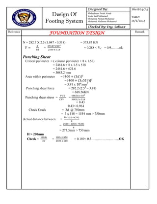Design Of
Footing System
Designed By: Sheet64/74
Date:
18/1/2018
Abdirahman Farah Ainab
Yasin Said Mohamed
Mohamed Ahmed Mohamed
Mohamed Abdinour Mohamud
Checked By: Eng. Sabaax
Reference
FOUNDATION DESIGN Remark
N = 282.7 X 2.5 (1.047 - 0.518) = 373.87 KN
= = 0.288 < VC = 0.9……..ok
Punching Shear
Critical perimeter = ( column perimeter + 8 x 1.5d)
= 2461.6 + 8 x 1.5 x 518
= 2461.6 + 621.6
= 3083.2 mm
Area within perimeter = [ ]
= [ ]
= 3.81 x mm2
Punching shear force = 282.2 (2.52
– 3.81)
= 688.56KN
Punching shear stress = =
= 0.43
0.43< 0.964
Check Crack = 3d @ 750mm
= 3 x 518 = 1554 mm > 750mm
Actual distance between =
– –
=
– –
= 277.5mm > 750 mm
H > 200mm
Check = = = 0.189< 0.3…………………….OK
 