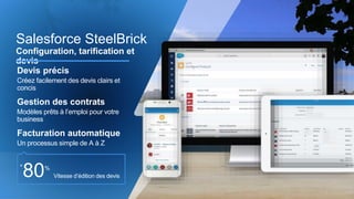 Salesforce SteelBrick
Configuration, tarification et
devis
Devis précis
Créez facilement des devis clairs et
concis
Gestion des contrats
Modèles prêts à l’emploi pour votre
business
Facturation automatique
Un processus simple de A à Z
Vitesse d’édition des devis
+
80%
 