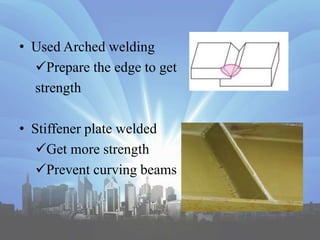 • Used Arched welding
Prepare the edge to get
strength
• Stiffener plate welded
Get more strength
Prevent curving beams
 