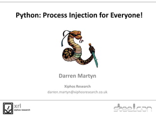 Python: Process Injection for Everyone!
Darren Martyn
Xiphos Research
darren.martyn@xiphosresearch.co.uk
 