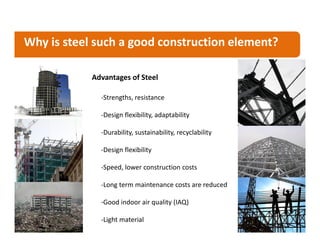 Why is steel such a good construction element?

            Advantages of Steel

              -Strengths, resistance

   ...