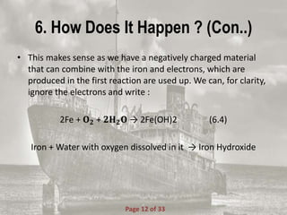 6. How Does It Happen ? (Con..)
• This makes sense as we have a negatively charged material
that can combine with the iron and electrons, which are
produced in the first reaction are used up. We can, for clarity,
ignore the electrons and write :
2Fe + 𝐎 𝟐 + 𝟐𝐇 𝟐 𝐎 → 2Fe(OH)2 (6.4)
Iron + Water with oxygen dissolved in it → Iron Hydroxide
Page 12 of 33
 