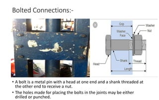 Bolted Connections:-
• A bolt is a metal pin with a head at one end and a shank threaded at
the other end to receive a nut...