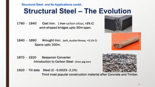 Structural Steel and Its Applications contd..
5
Structural Steel – The Evolution
1780 - 1840 Cast Iron. ( iron-carbon alloys, >2% C)
arch-shaped bridges upto 30m span.
1840 - 1890 Wrought Iron. (soft, ductile fibrous, <0.1% C)
Spans upto 100m.
1870 - 1920 Bessemer Converter
Introduction to Carbon Steel (from pig iron)
1920 - Till date Steel (C - 0.002% -2.1%)
Third most popular construction material after Concrete and Timber.
 