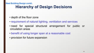 • depth of the floor zone
• requirement of natural lighting, ventilation and services
• need for special structural arrangement for public or
circulation areas
• benefit of using longer span at a reasonable cost
• provision for future expansion
Hierarchy of Design Decisions
Steel Building Design contd..
64
 