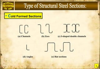 • Cold Formed Sections
(a) Channels (b) Zees (c) I-shaped double channels
(d) Angles (e) Hat sections
9
 