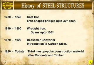 1780 - 1840 Cast Iron.
arch-shaped bridges upto 30m
span.
1840 - 1890 Wrought Iron.
Spans upto 100m
.
1870 - 1920 Bessemer Converter
Introduction to Carbon Steel.
1920 - Todate Third most popular construction material
after Concrete and Timber.
4
 