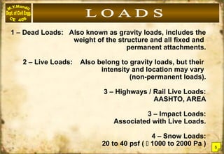 1 – Dead Loads: Also known as gravity loads, includes the
weight of the structure and all fixed and
permanent attachments.
2 – Live Loads: Also belong to gravity loads, but their
intensity and location may vary
(non-permanent loads).
3 – Highways / Rail Live Loads:
AASHTO, AREA
3 – Impact Loads:
Associated with Live Loads.
4 – Snow Loads:
20 to 40 psf (  1000 to 2000 Pa ) 5
 