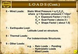 6 – Wind Loads: Static Wind Pressure = q CeCgCp
where q = Dynamic pressure = 1/2pv2
Ce = Exposure Factor ( 1 to 2 )
Cg = Gust Factor ( above 2 )
Cp = Shape Factor ( about 1.5)
7 - Earthquake Load:
Latitude Load on structure.
8 - Thermal Loads:
For Indeterminate Structures.
9 – Other Loads:
e.g. - Rain Loads - Ponding
- Hydrostatic Loads
- Blast Loads. 6
 