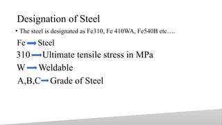 Designation of Steel
• The steel is designated as Fe310, Fe 410WA, Fe540B etc….
15
Steel
Fe
Ultimate tensile stress in MPa
310
Weldable
W
Grade of Steel
A,B,C
 