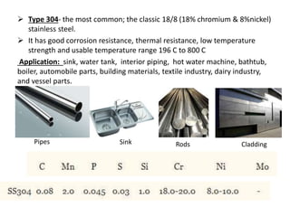  Type 304- the most common; the classic 18/8 (18% chromium & 8%nickel)
stainless steel.
 It has good corrosion resistance, thermal resistance, low temperature
strength and usable temperature range 196 C to 800 C
Application: sink, water tank, interior piping, hot water machine, bathtub,
boiler, automobile parts, building materials, textile industry, dairy industry,
and vessel parts.
Pipes Sink Rods Cladding
 