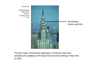 The first major architectural application of stainless steel was
probably the cladding on the top of the Chrysler building in New York
in 1929
SS cladding
Grade used 316
 