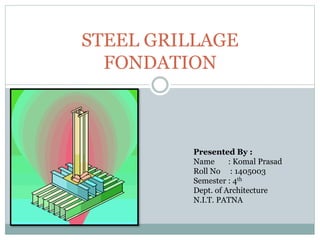 STEEL GRILLAGE
FONDATION
Presented By :
Name : Komal Prasad
Roll No : 1405003
Semester : 4th
Dept. of Architecture
N.I.T. PATNA
 