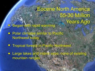 Eocene North America55-30 Million Years AgoBegan with rapid warmingPolar climates similar to Pacific Northwest todayTropical forests in Pacific NorthwestLarge lakes and inland seas; none of existing mountain ranges