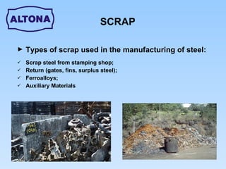 SCRAP Types of scrap used in the manufacturing of steel:   Scrap steel from stamping shop; Return (gates, fins, surplus steel); Ferroalloys; Auxiliary Materials 
