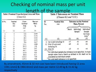 Checking of nominal mass per unit
length of the sample
By amendment, 45mm & 50 mm size have been introduced having CS area
1591.1mm2 & 1964.4mm2 and mass per metre 12.49 kg & 15.42 kg
respectively
 