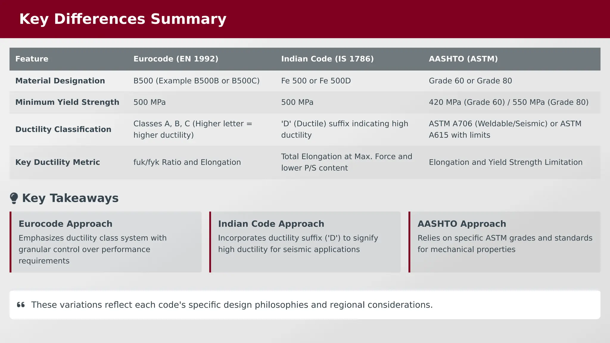Key Differences Summary
Feature Eurocode (EN 1992) Indian Code (IS 1786) AASHTO (ASTM)
Material Designation B500 (Example B500B or B500C) Fe 500 or Fe 500D Grade 60 or Grade 80
Minimum Yield Strength 500 MPa 500 MPa 420 MPa (Grade 60) / 550 MPa (Grade 80)
Ductility Classification
Classes A, B, C (Higher letter =
higher ductility)
'D' (Ductile) suffix indicating high
ductility
ASTM A706 (Weldable/Seismic) or ASTM
A615 with limits
Key Ductility Metric fuk/fyk Ratio and Elongation
Total Elongation at Max. Force and
lower P/S content
Elongation and Yield Strength Limitation
Key Takeaways
Eurocode Approach
Emphasizes ductility class system with
granular control over performance
requirements
Indian Code Approach
Incorporates ductility suffix ('D') to signify
high ductility for seismic applications
AASHTO Approach
Relies on specific ASTM grades and standards
for mechanical properties
These variations reflect each code's specific design philosophies and regional considerations.
 