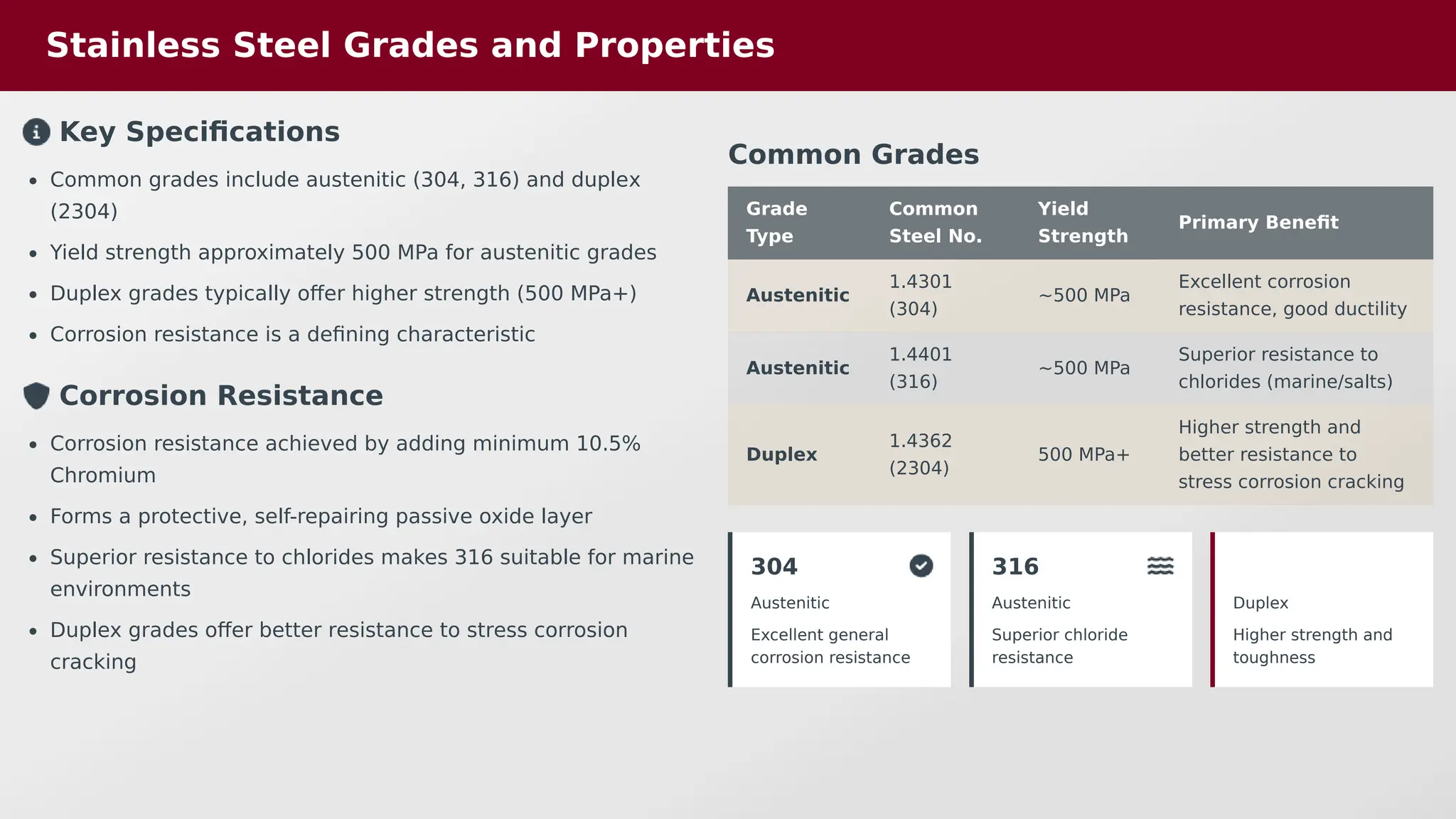 Stainless Steel Grades and Properties
Key Specifications
Common grades include austenitic (304, 316) and duplex
(2304)
Yield strength approximately 500 MPa for austenitic grades
Duplex grades typically offer higher strength (500 MPa+)
Corrosion resistance is a defining characteristic
Corrosion Resistance
Corrosion resistance achieved by adding minimum 10.5%
Chromium
Forms a protective, self-repairing passive oxide layer
Superior resistance to chlorides makes 316 suitable for marine
environments
Duplex grades offer better resistance to stress corrosion
cracking
Common Grades
Grade
Type
Common
Steel No.
Yield
Strength
Primary Benefit
Austenitic
1.4301
(304)
~500 MPa
Excellent corrosion
resistance, good ductility
Austenitic
1.4401
(316)
~500 MPa
Superior resistance to
chlorides (marine/salts)
Duplex
1.4362
(2304)
500 MPa+
Higher strength and
better resistance to
stress corrosion cracking
304
Austenitic
Excellent general
corrosion resistance
316
Austenitic
Superior chloride
resistance
Duplex
Higher strength and
toughness
 