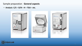 12
Sample preparation General aspects
• Analysis C/S – O/N – H – TGA – etc.
 