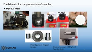 21
Equilab units for the preparation of samples
• EQP-100 Press
Maximum pressure: 650 kg/cm2
Flow: 0,8 l/min
Die and punch in Tungsten
Carbide
 