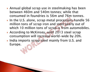    Annual global scrap use in steelmaking has been
    between 460m and 540m tonnes; while that
    consumed in foundries is 56m and 76m tonnes.
   In the U.S. alone, scrap metal processors handle 56
    million tons of scrap iron and steel yearly out of
    which 10 million tons of scrap is from automobiles.
   According to McKinsey, until 2013 steel scrap
    consumption will increase world-wide by 20%.
   India imports scrap steel mainly from U.S. and
    Europe.
 
