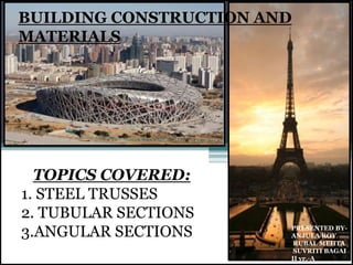 PRESENTED BY-
ANJULA ROY
RUBAL MEHTA
SUVRITI BAGAI
II yr.-A
BUILDING CONSTRUCTION AND
MATERIALS
TOPICS COVERED:
1. STEEL T...