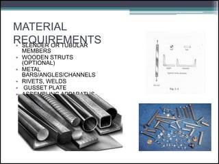 MATERIAL
REQUIREMENTS• SLENDER OR TUBULAR
MEMBERS
• WOODEN STRUTS
(OPTIONAL)
• METAL
BARS/ANGLES/CHANNELS
• RIVETS, WELDS
...