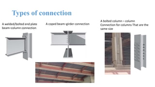 Types of connection
A welded/bolted end plate
beam–column connection
A coped beam–girder connection
A bolted column – column
Connection for columns That are the
same size
 