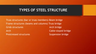 TYPES OF STEEL STRUCTURE
Truss structures (bar or truss members) Beam bridge
Frame structures (beams and columns) Truss bridge
Grids structures Arch bridge
Arch Cable-stayed bridge
Prestressed structures Suspension bridge
 