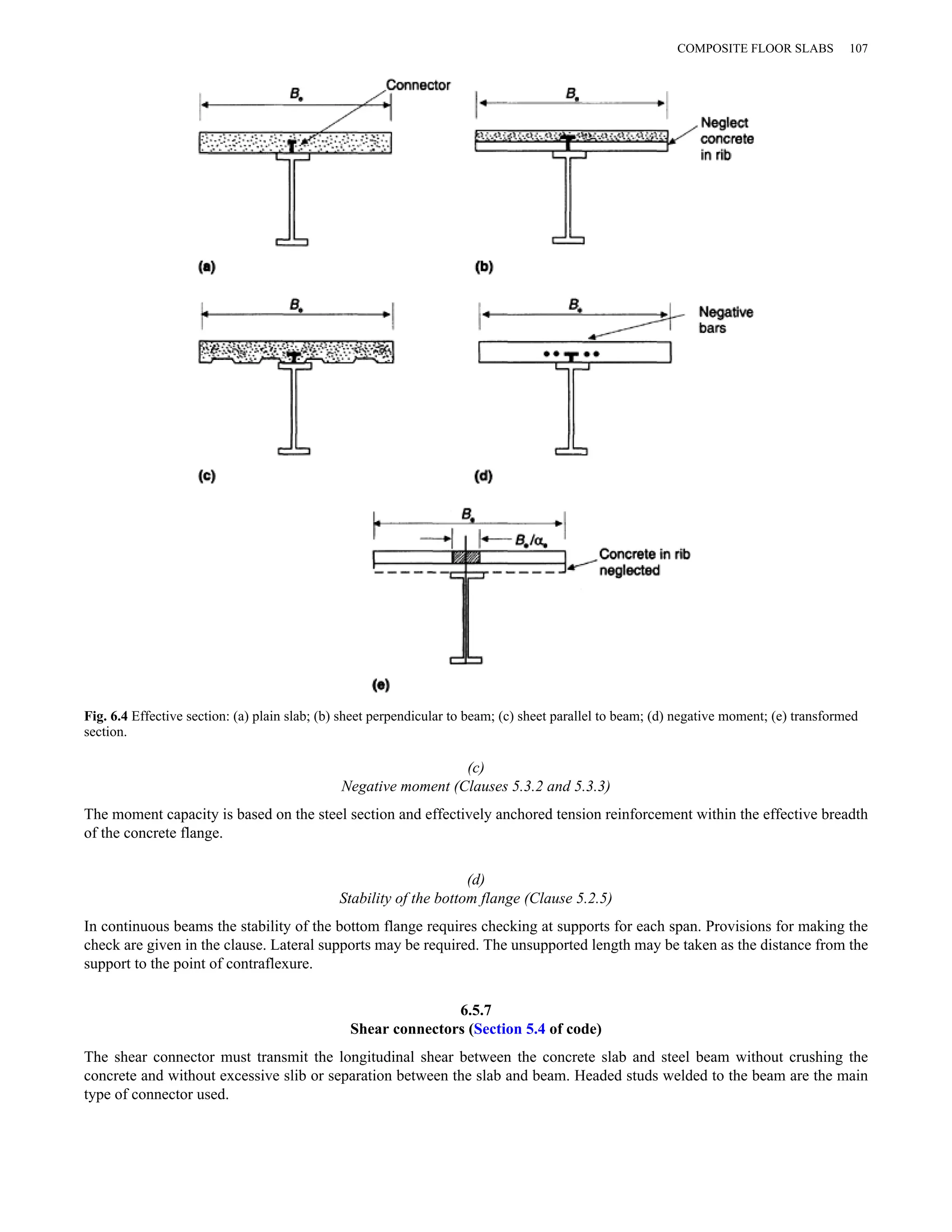 COMPOSITE FLOOR SLABS 107 
Fig. 6.4 Effective section: (a) plain slab; (b) sheet perpendicular to beam; (c) sheet parallel to beam; (d) negative moment; (e) transformed 
section. 
(c) 
Negative moment (Clauses 5.3.2 and 5.3.3) 
The moment capacity is based on the steel section and effectively anchored tension reinforcement within the effective breadth 
of the concrete flange. 
(d) 
Stability of the bottom flange (Clause 5.2.5) 
In continuous beams the stability of the bottom flange requires checking at supports for each span. Provisions for making the 
check are given in the clause. Lateral supports may be required. The unsupported length may be taken as the distance from the 
support to the point of contraflexure. 
6.5.7 
Shear connectors (Section 5.4 of code) 
The shear connector must transmit the longitudinal shear between the concrete slab and steel beam without crushing the 
concrete and without excessive slib or separation between the slab and beam. Headed studs welded to the beam are the main 
type of connector used. 
 