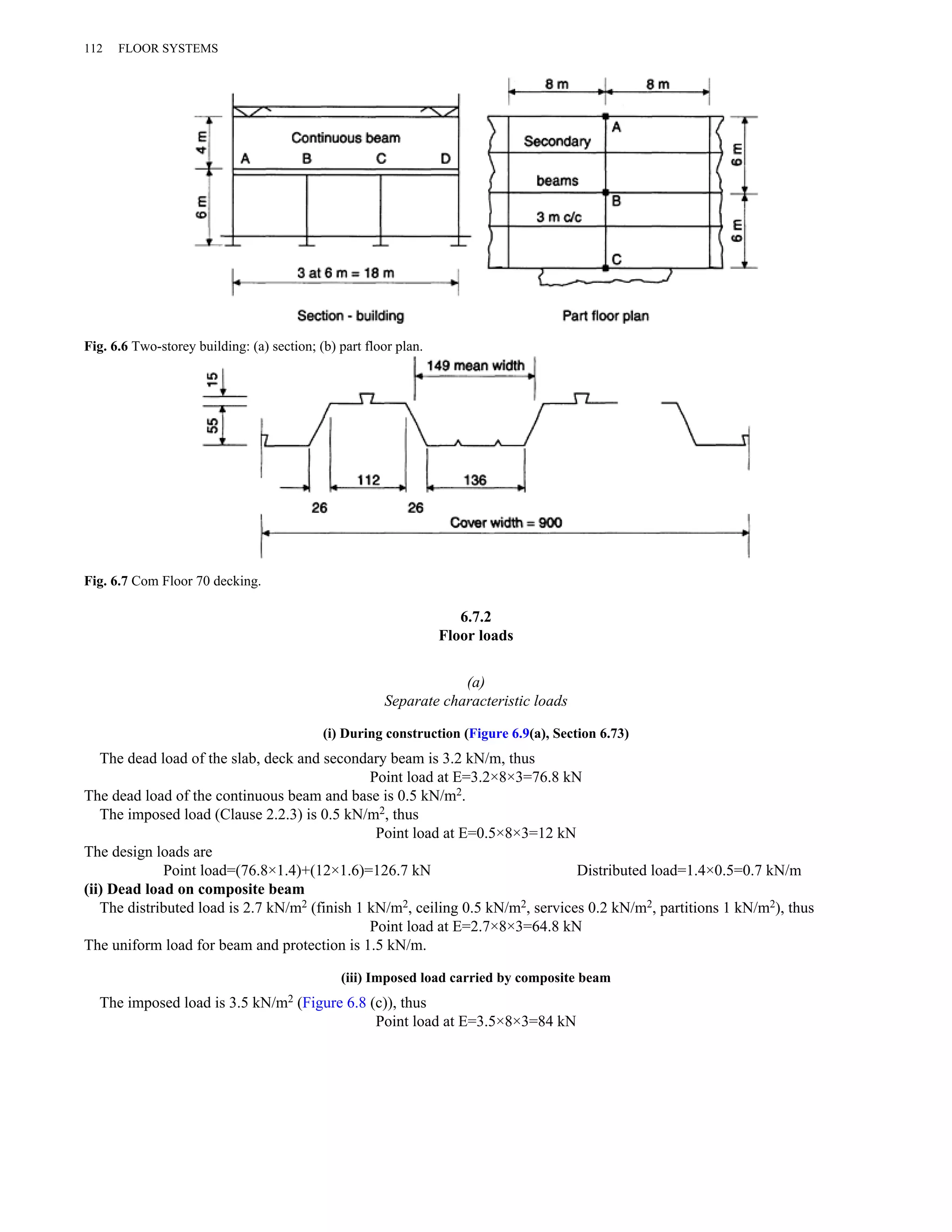 6.7.2 
Floor loads 
(a) 
112 FLOOR SYSTEMS 
Fig. 6.6 Two-storey building: (a) section; (b) part floor plan. 
Separate characteristic loads 
(i) During construction (Figure 6.9(a), Section 6.73) 
The dead load of the slab, deck and secondary beam is 3.2 kN/m, thus 
Point load at E=3.2×8×3=76.8 kN 
The dead load of the continuous beam and base is 0.5 kN/m2. 
The imposed load (Clause 2.2.3) is 0.5 kN/m2, thus 
Point load at E=0.5×8×3=12 kN 
The design loads are 
Point load=(76.8×1.4)+(12×1.6)=126.7 kN Distributed load=1.4×0.5=0.7 kN/m 
(ii) Dead load on composite beam 
The distributed load is 2.7 kN/m2 (finish 1 kN/m2, ceiling 0.5 kN/m2, services 0.2 kN/m2, partitions 1 kN/m2), thus 
Point load at E=2.7×8×3=64.8 kN 
The uniform load for beam and protection is 1.5 kN/m. 
(iii) Imposed load carried by composite beam 
The imposed load is 3.5 kN/m2 (Figure 6.8 (c)), thus 
Point load at E=3.5×8×3=84 kN 
Fig. 6.7 Com Floor 70 decking. 
 