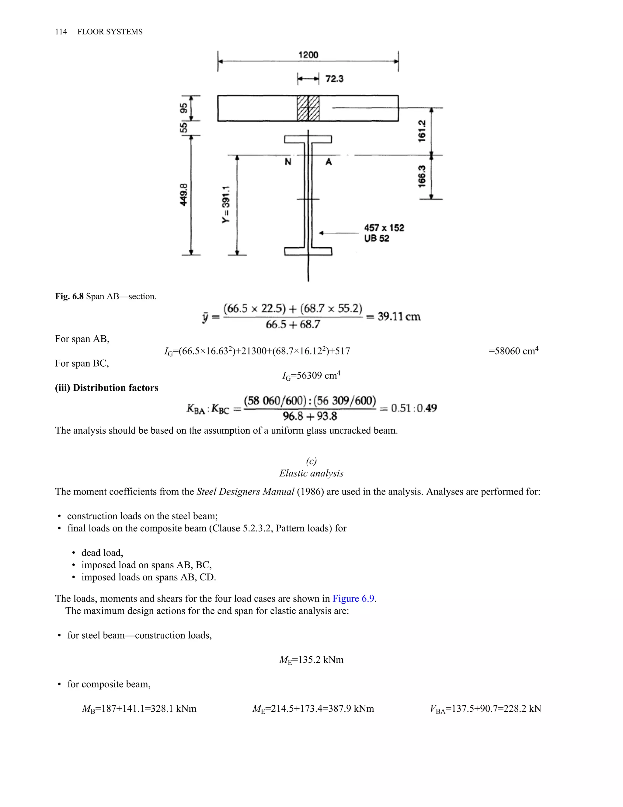 114 FLOOR SYSTEMS 
Fig. 6.8 Span AB—section. 
For span AB, 
IG=(66.5×16.632)+21300+(68.7×16.122)+517 =58060 cm4 
For span BC, 
IG=56309 cm4 
(iii) Distribution factors 
The analysis should be based on the assumption of a uniform glass uncracked beam. 
(c) 
Elastic analysis 
The moment coefficients from the Steel Designers Manual (1986) are used in the analysis. Analyses are performed for: 
• construction loads on the steel beam; 
• final loads on the composite beam (Clause 5.2.3.2, Pattern loads) for 
• dead load, 
• imposed load on spans AB, BC, 
• imposed loads on spans AB, CD. 
The loads, moments and shears for the four load cases are shown in Figure 6.9. 
The maximum design actions for the end span for elastic analysis are: 
• for steel beam—construction loads, 
ME=135.2 kNm 
• for composite beam, 
MB=187+141.1=328.1 kNm ME=214.5+173.4=387.9 kNm VBA=137.5+90.7=228.2 kN 
 