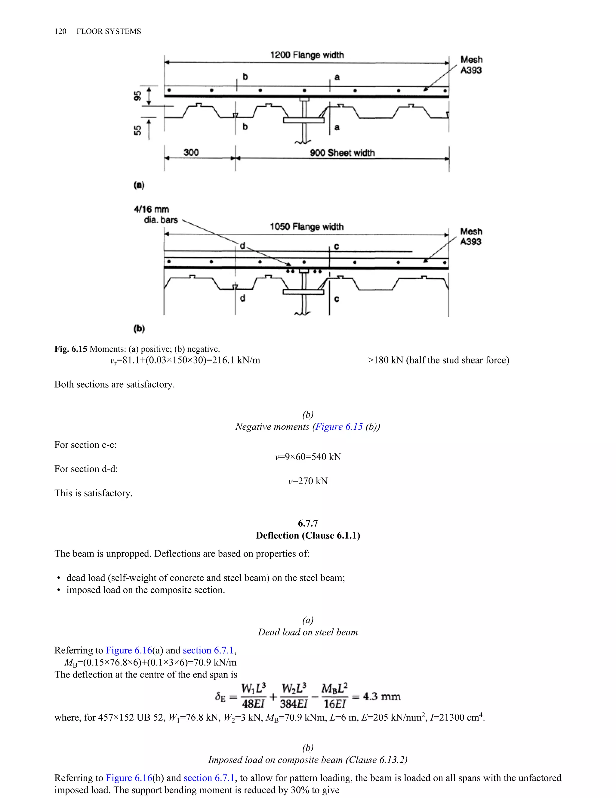 120 FLOOR SYSTEMS 
vr=81.1+(0.03×150×30)=216.1 kN/m >180 kN (half the stud shear force) 
Both sections are satisfactory. 
(b) 
Negative moments (Figure 6.15 (b)) 
For section c-c: 
v=9×60=540 kN 
For section d-d: 
v=270 kN 
This is satisfactory. 
6.7.7 
Deflection (Clause 6.1.1) 
The beam is unpropped. Deflections are based on properties of: 
• dead load (self-weight of concrete and steel beam) on the steel beam; 
• imposed load on the composite section. 
(a) 
Dead load on steel beam 
Referring to Figure 6.16(a) and section 6.7.1, 
MB=(0.15×76.8×6)+(0.1×3×6)=70.9 kN/m 
The deflection at the centre of the end span is 
where, for 457×152 UB 52, W1=76.8 kN, W2=3 kN, MB=70.9 kNm, L=6 m, E=205 kN/mm2, I=21300 cm4. 
(b) 
Imposed load on composite beam (Clause 6.13.2) 
Referring to Figure 6.16(b) and section 6.7.1, to allow for pattern loading, the beam is loaded on all spans with the unfactored 
imposed load. The support bending moment is reduced by 30% to give 
MB=0.7×84×0.15×6=52.9 kNm 
Fig. 6.15 Moments: (a) positive; (b) negative. 
 