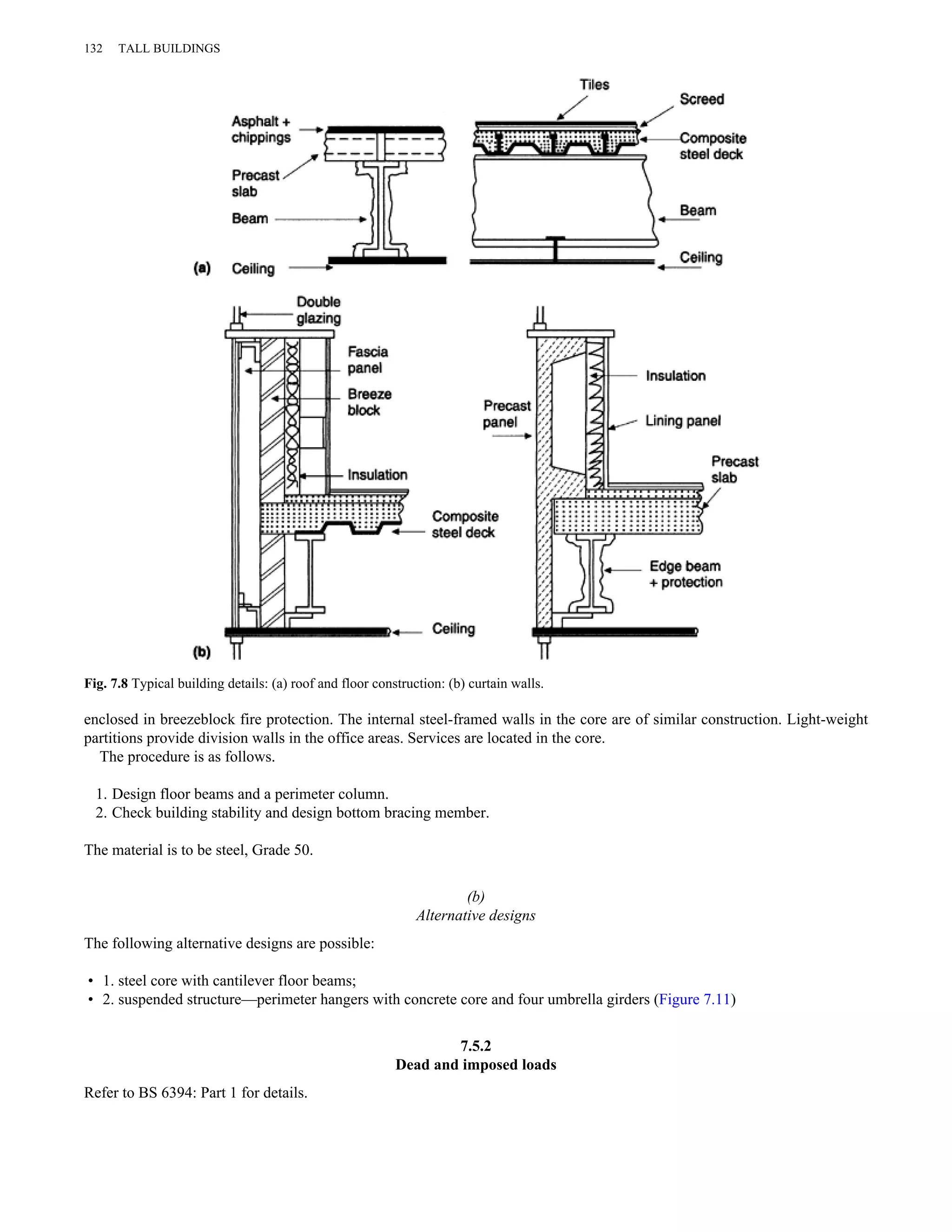 132 TALL BUILDINGS 
Fig. 7.8 Typical building details: (a) roof and floor construction: (b) curtain walls. 
enclosed in breezeblock fire protection. The internal steel-framed walls in the core are of similar construction. Light-weight 
partitions provide division walls in the office areas. Services are located in the core. 
The procedure is as follows. 
1. Design floor beams and a perimeter column. 
2. Check building stability and design bottom bracing member. 
The material is to be steel, Grade 50. 
(b) 
Alternative designs 
The following alternative designs are possible: 
• 1. steel core with cantilever floor beams; 
• 2. suspended structure—perimeter hangers with concrete core and four umbrella girders (Figure 7.11) 
7.5.2 
Dead and imposed loads 
Refer to BS 6394: Part 1 for details. 
 