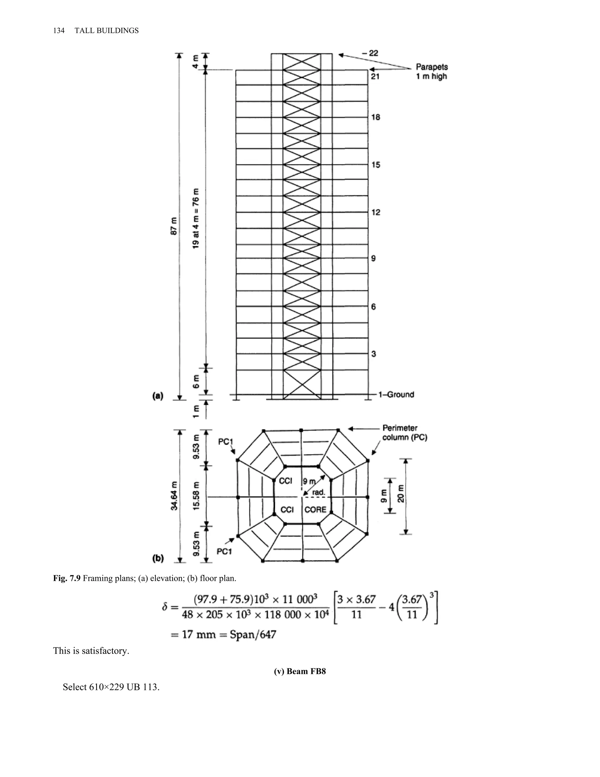 134 TALL BUILDINGS 
Fig. 7.9 Framing plans; (a) elevation; (b) floor plan. 
This is satisfactory. 
(v) Beam FB8 
Select 610×229 UB 113. 
 