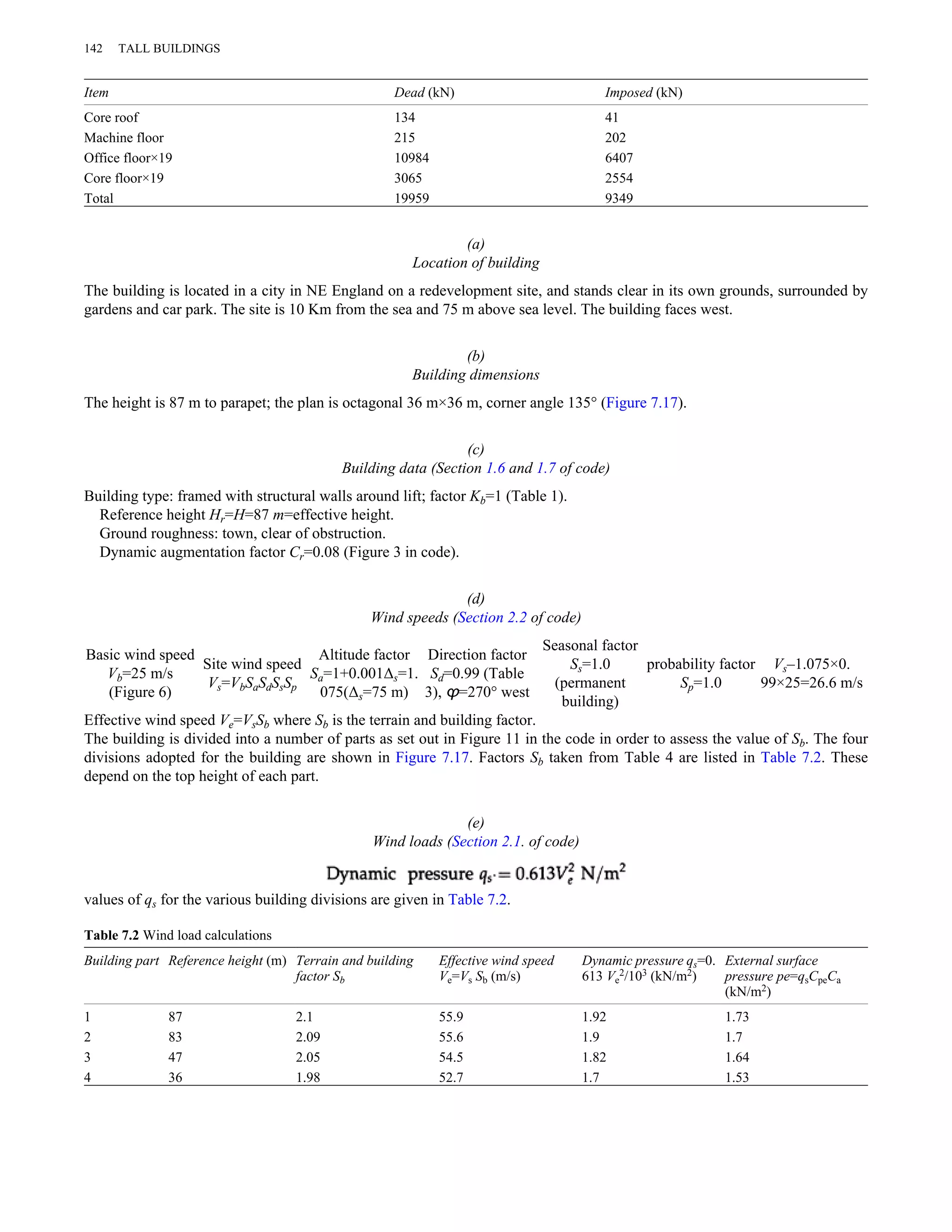 142 TALL BUILDINGS 
Item Dead (kN) Imposed (kN) 
Core roof 134 41 
Machine floor 215 202 
Office floor×19 10984 6407 
Core floor×19 3065 2554 
Total 19959 9349 
(a) 
Location of building 
The building is located in a city in NE England on a redevelopment site, and stands clear in its own grounds, surrounded by 
gardens and car park. The site is 10 Km from the sea and 75 m above sea level. The building faces west. 
(b) 
Building dimensions 
The height is 87 m to parapet; the plan is octagonal 36 m×36 m, corner angle 135° (Figure 7.17). 
(c) 
Building data (Section 1.6 and 1.7 of code) 
Building type: framed with structural walls around lift; factor Kb=1 (Table 1). 
Reference height Hr=H=87 m=effective height. 
Ground roughness: town, clear of obstruction. 
Dynamic augmentation factor Cr=0.08 (Figure 3 in code). 
(d) 
Wind speeds (Section 2.2 of code) 
Basic wind speed 
Vb=25 m/s 
(Figure 6) 
Site wind speed 
Vs=VbSaSdSsSp 
Altitude factor 
Sa=1+0.001Δs=1. 
075(Δs=75 m) 
Direction factor 
Sd=0.99 (Table 
3), ϕ=270° west 
Seasonal factor 
Ss=1.0 
(permanent 
building) 
probability factor 
Sp=1.0 
Vs–1.075×0. 
99×25=26.6 m/s 
Effective wind speed Ve=VsSb where Sb is the terrain and building factor. 
The building is divided into a number of parts as set out in Figure 11 in the code in order to assess the value of Sb. The four 
divisions adopted for the building are shown in Figure 7.17. Factors Sb taken from Table 4 are listed in Table 7.2. These 
depend on the top height of each part. 
(e) 
Wind loads (Section 2.1. of code) 
values of qs for the various building divisions are given in Table 7.2. 
Table 7.2 Wind load calculations 
Building part Reference height (m) Terrain and building 
factor Sb 
Effective wind speed 
Ve=Vs Sb (m/s) 
Dynamic pressure qs=0. 
613 Ve 
2/103 (kN/m2) 
External surface 
pressure pe=qsCpeCa 
(kN/m2) 
1 87 2.1 55.9 1.92 1.73 
2 83 2.09 55.6 1.9 1.7 
3 47 2.05 54.5 1.82 1.64 
4 36 1.98 52.7 1.7 1.53 
 