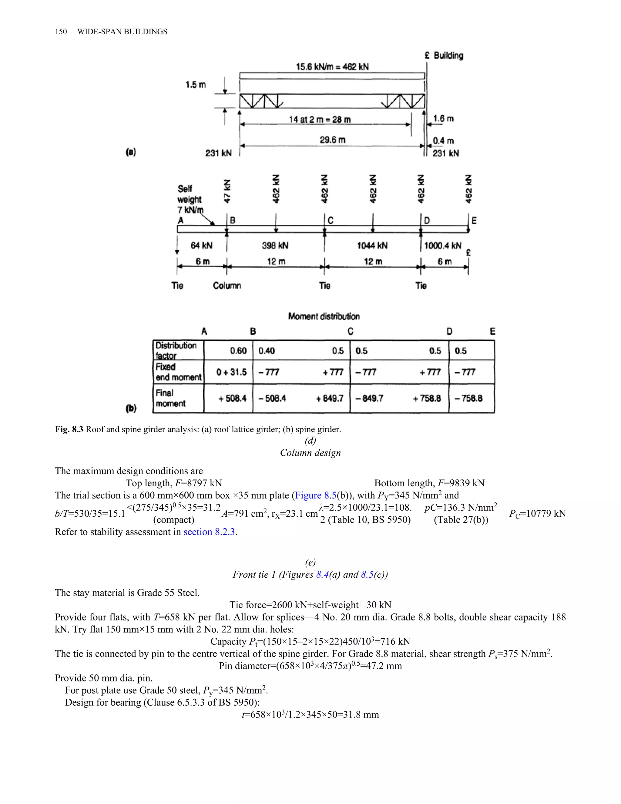 Fig. 8.3 Roof and spine girder analysis: (a) roof lattice girder; (b) spine girder. 
(d) 
Column design 
The maximum design conditions are 
Top length, F=8797 kN Bottom length, F=9839 kN 
The trial section is a 600 mm×600 mm box ×35 mm plate (Figure 8.5(b)), with PY=345 N/mm2 and 
b/T=530/35=15.1<(275/345)0.5×35=31.2 
(compact) A=791 cm2, rX=23.1 cmλ=2.5×1000/23.1=108. 
2 (Table 10, BS 5950) 
pC=136.3 N/mm2 
(Table 27(b)) PC=10779 kN 
Refer to stability assessment in section 8.2.3. 
(e) 
Front tie 1 (Figures 8.4(a) and 8.5(c)) 
The stay material is Grade 55 Steel. 
Tie force=2600 kN+self-weight∥30 kN 
Provide four flats, with T=658 kN per flat. Allow for splices—4 No. 20 mm dia. Grade 8.8 bolts, double shear capacity 188 
kN. Try flat 150 mm×15 mm with 2 No. 22 mm dia. holes: 
Capacity Pt=(150×15–2×15×22)450/103=716 kN 
The tie is connected by pin to the centre vertical of the spine girder. For Grade 8.8 material, shear strength Ps=375 N/mm2. 
Pin diameter=(658×103×4/375π)0.5=47.2 mm 
Provide 50 mm dia. pin. 
For post plate use Grade 50 steel, Py=345 N/mm2. 
Design for bearing (Clause 6.5.3.3 of BS 5950): 
t=658×103/1.2×345×50=31.8 mm 
150 WIDE-SPAN BUILDINGS 
 