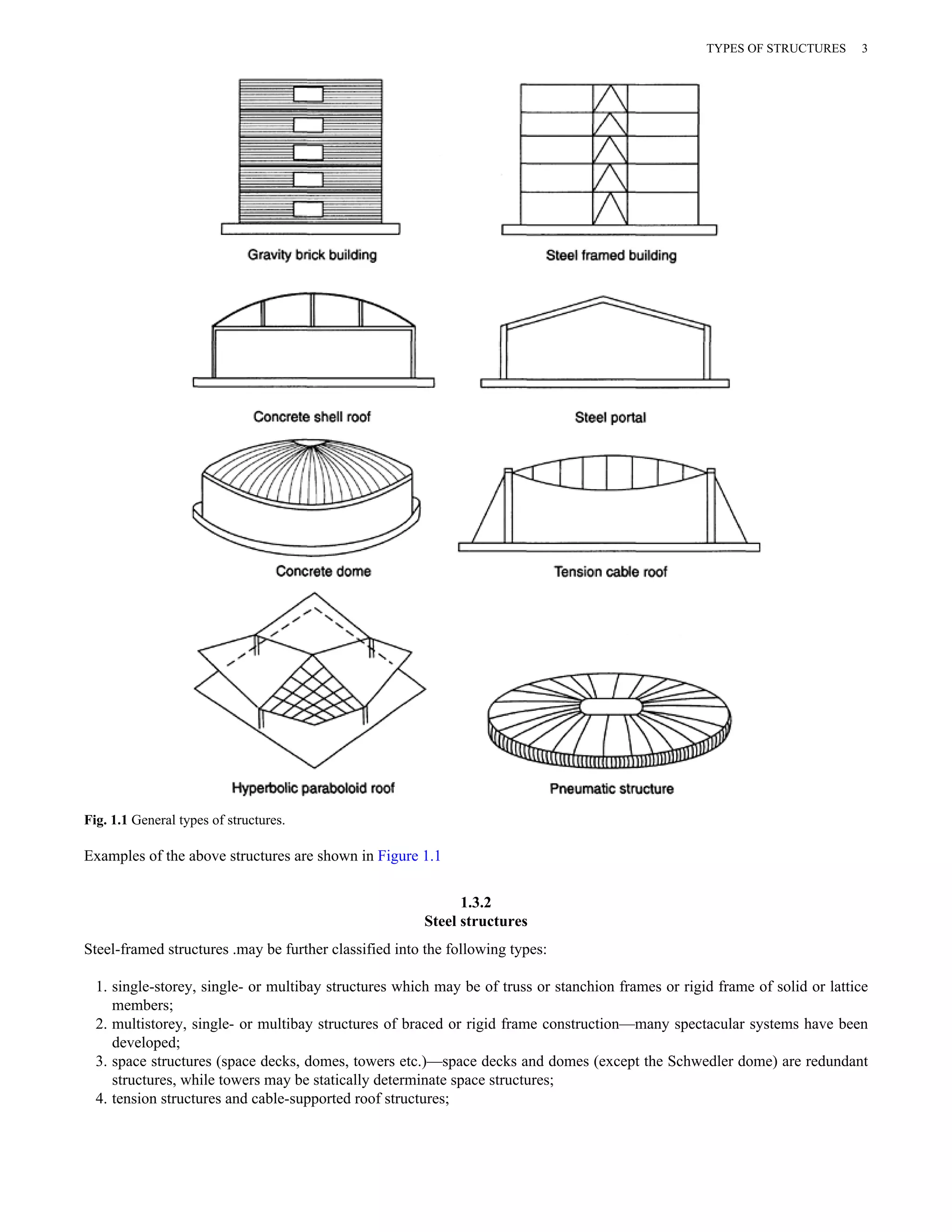 Fig. 1.1 General types of structures. 
Examples of the above structures are shown in Figure 1.1 
1.3.2 
Steel structures 
TYPES OF STRUCTURES 3 
Steel-framed structures .may be further classified into the following types: 
1. single-storey, single- or multibay structures which may be of truss or stanchion frames or rigid frame of solid or lattice 
members; 
2. multistorey, single- or multibay structures of braced or rigid frame construction—many spectacular systems have been 
developed; 
3. space structures (space decks, domes, towers etc.)—space decks and domes (except the Schwedler dome) are redundant 
structures, while towers may be statically determinate space structures; 
4. tension structures and cable-supported roof structures; 
 