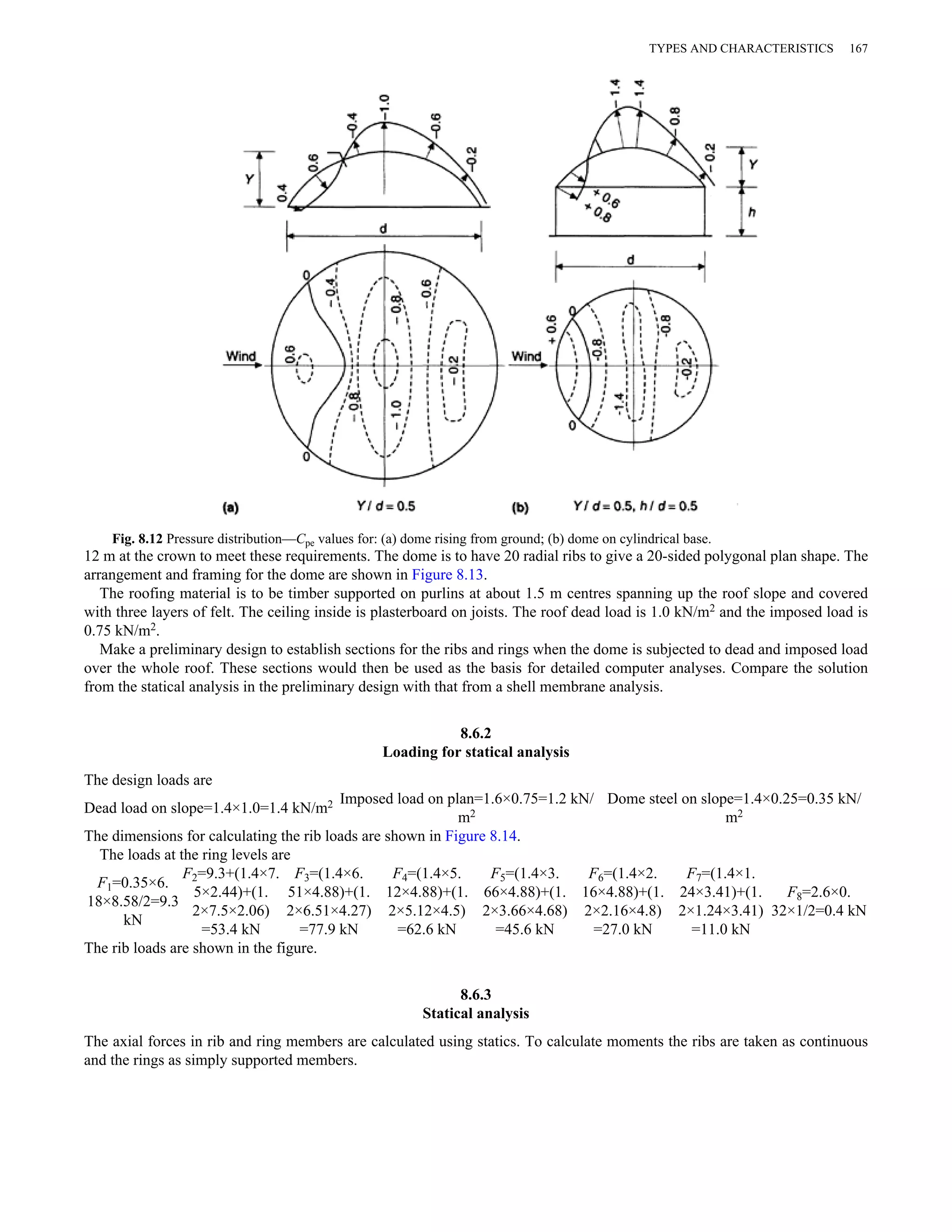 TYPES AND CHARACTERISTICS 167 
Fig. 8.12 Pressure distribution—Cpe values for: (a) dome rising from ground; (b) dome on cylindrical base. 
12 m at the crown to meet these requirements. The dome is to have 20 radial ribs to give a 20-sided polygonal plan shape. The 
arrangement and framing for the dome are shown in Figure 8.13. 
The roofing material is to be timber supported on purlins at about 1.5 m centres spanning up the roof slope and covered 
with three layers of felt. The ceiling inside is plasterboard on joists. The roof dead load is 1.0 kN/m2 and the imposed load is 
0.75 kN/m2. 
Make a preliminary design to establish sections for the ribs and rings when the dome is subjected to dead and imposed load 
over the whole roof. These sections would then be used as the basis for detailed computer analyses. Compare the solution 
from the statical analysis in the preliminary design with that from a shell membrane analysis. 
8.6.2 
Loading for statical analysis 
The design loads are 
Dead load on slope=1.4×1.0=1.4 kN/m2 Imposed load on plan=1.6×0.75=1.2 kN/ 
m2 
Dome steel on slope=1.4×0.25=0.35 kN/ 
m2 
The dimensions for calculating the rib loads are shown in Figure 8.14. 
The loads at the ring levels are 
F1=0.35×6. 
18×8.58/2=9.3 
kN 
F2=9.3+(1.4×7. 
5×2.44)+(1. 
2×7.5×2.06) 
=53.4 kN 
F3=(1.4×6. 
51×4.88)+(1. 
2×6.51×4.27) 
=77.9 kN 
F4=(1.4×5. 
12×4.88)+(1. 
2×5.12×4.5) 
=62.6 kN 
F5=(1.4×3. 
66×4.88)+(1. 
2×3.66×4.68) 
=45.6 kN 
F6=(1.4×2. 
16×4.88)+(1. 
2×2.16×4.8) 
=27.0 kN 
F7=(1.4×1. 
24×3.41)+(1. 
2×1.24×3.41) 
=11.0 kN 
F8=2.6×0. 
32×1/2=0.4 kN 
The rib loads are shown in the figure. 
8.6.3 
Statical analysis 
The axial forces in rib and ring members are calculated using statics. To calculate moments the ribs are taken as continuous 
and the rings as simply supported members. 
 