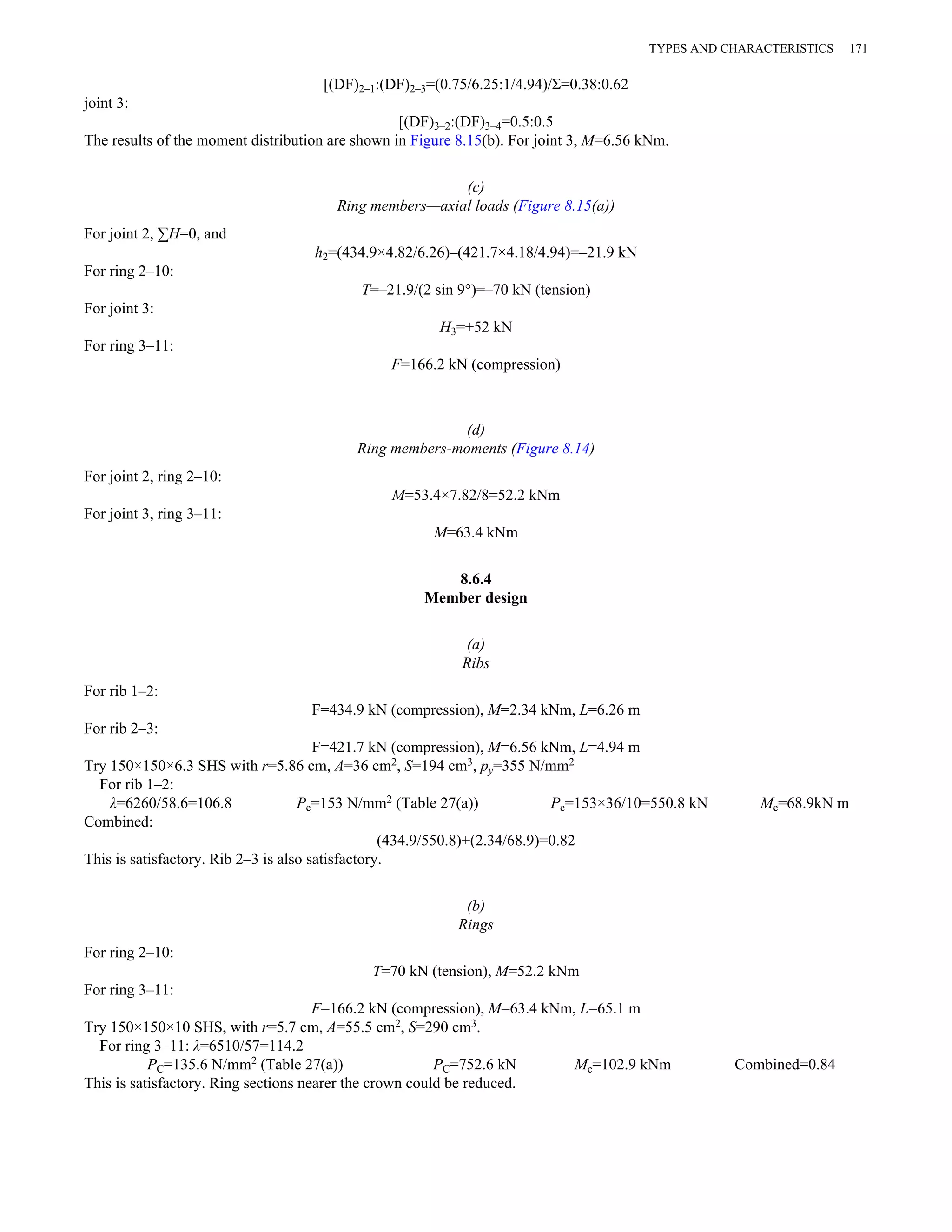 [(DF)2–1:(DF)2–3=(0.75/6.25:1/4.94)/Σ=0.38:0.62 
joint 3: 
[(DF)3–2:(DF)3–4=0.5:0.5 
The results of the moment distribution are shown in Figure 8.15(b). For joint 3, M=6.56 kNm. 
(c) 
Ring members—axial loads (Figure 8.15(a)) 
For joint 2, ΣH=0, and 
h2=(434.9×4.82/6.26)–(421.7×4.18/4.94)=–21.9 kN 
For ring 2–10: 
T=–21.9/(2 sin 9°)=–70 kN (tension) 
For joint 3: 
H3=+52 kN 
For ring 3–11: 
F=166.2 kN (compression) 
(d) 
Ring members-moments (Figure 8.14) 
For joint 2, ring 2–10: 
M=53.4×7.82/8=52.2 kNm 
For joint 3, ring 3–11: 
M=63.4 kNm 
8.6.4 
Member design 
(a) 
Ribs 
For rib 1–2: 
F=434.9 kN (compression), M=2.34 kNm, L=6.26 m 
For rib 2–3: 
F=421.7 kN (compression), M=6.56 kNm, L=4.94 m 
Try 150×150×6.3 SHS with r=5.86 cm, A=36 cm2, S=194 cm3, py=355 N/mm2 
For rib 1–2: 
λ=6260/58.6=106.8 Pc=153 N/mm2 (Table 27(a)) Pc=153×36/10=550.8 kN Mc=68.9kN m 
Combined: 
(434.9/550.8)+(2.34/68.9)=0.82 
This is satisfactory. Rib 2–3 is also satisfactory. 
(b) 
Rings 
For ring 2–10: 
T=70 kN (tension), M=52.2 kNm 
For ring 3–11: 
F=166.2 kN (compression), M=63.4 kNm, L=65.1 m 
Try 150×150×10 SHS, with r=5.7 cm, A=55.5 cm2, S=290 cm3. 
For ring 3–11: λ=6510/57=114.2 
PC=135.6 N/mm2 (Table 27(a)) PC=752.6 kN Mc=102.9 kNm Combined=0.84 
This is satisfactory. Ring sections nearer the crown could be reduced. 
TYPES AND CHARACTERISTICS 171 
 